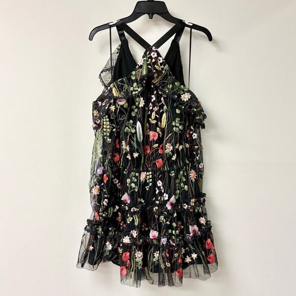 Alexis Adeline Embroidered Floral Cold Shoulder Mini Dress Black Women's Size S - Picture 4 of 6